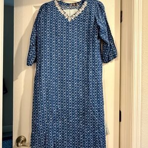 Blue Printed Kurta with White Embroidered Neckline (Gently Worn)